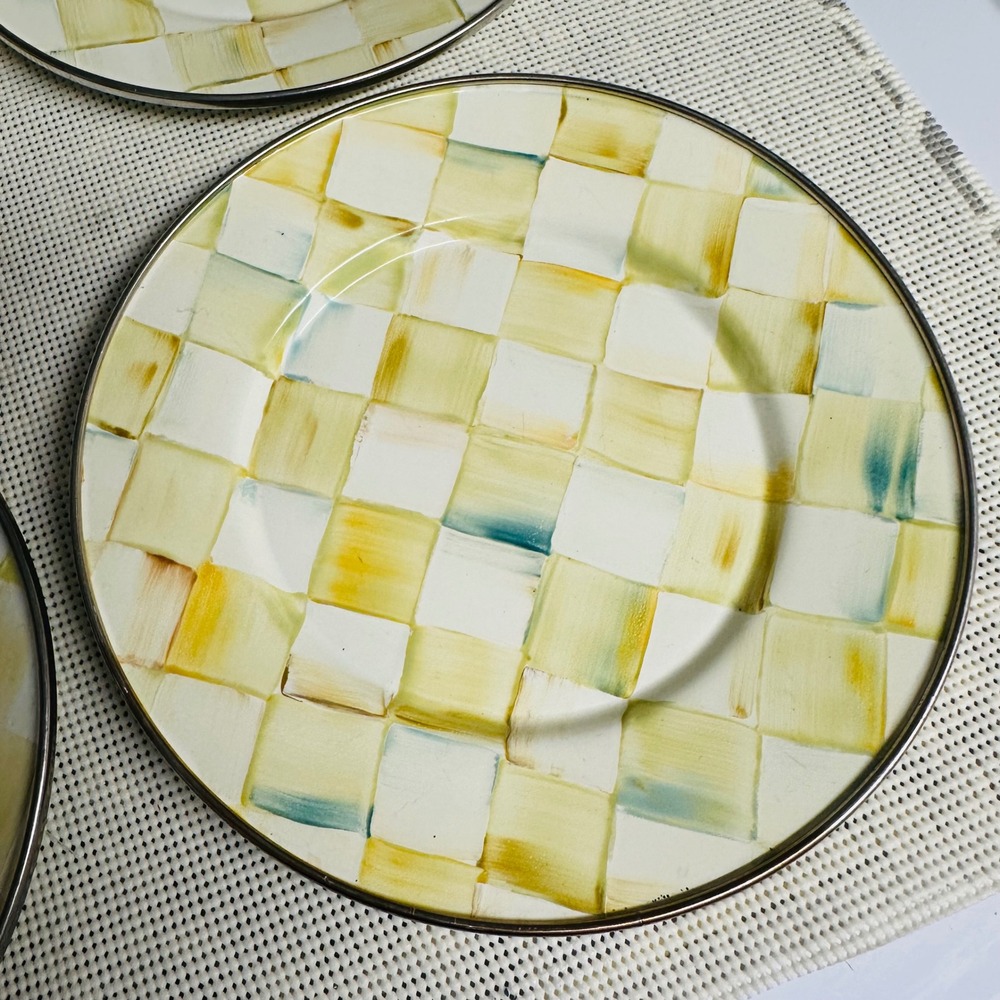 MacKenzie-Childs Parchment Check Yellow Enamel Salad Plates Vintage 4 Piece Set - Picture 3 of 8